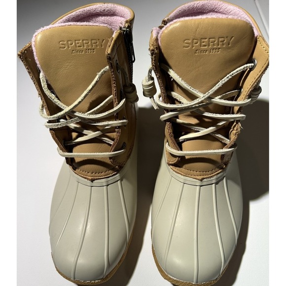 Women's Sperry Duck Boots Tan White Pink Size 6 - Picture 1 of 5